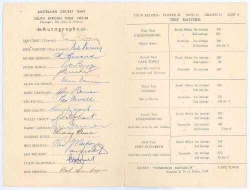 Australia tour to South Africa 1957/58. Official folding card issued on board the Shaw Savill Line Q.S.M.V. &lsquo;Dominion Monarch&rsquo; at Cape Town. The front cover with colour illustration of a vase of flowers. The inside front cover with printed title, &lsquo;Austral