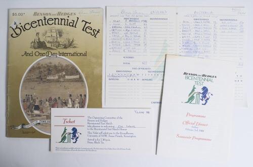 &lsquo;Benson & Hedges Bicentennial Test Match Dinner 1988&rsquo;. Official programme/ menu and ticket for the Dinner held at The Roundhouse, University of N.S.W., Sydney on the 2nd February 1988. The programme/dinner menu signed to &lsquo;Autographs&rsquo; page by eight current