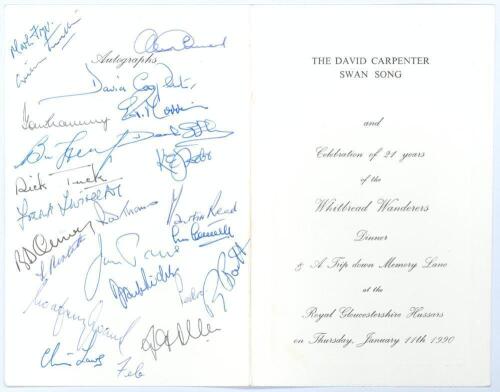 &lsquo;The David Carpenter Swan Song and Celebration of 21 Years of the Whitbread Wanderers Dinner&rsquo;. Official folding menu for the dinner held at the Royal Gloucestershire Hussars, 11th January 1990. Signed to the rear autographs page by twenty four attendees f