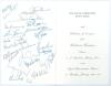 &lsquo;The David Carpenter Swan Song and Celebration of 21 Years of the Whitbread Wanderers Dinner&rsquo;. Official folding menu for the dinner held at the Royal Gloucestershire Hussars, 11th January 1990. Signed to the rear autographs page by twenty four attendees f