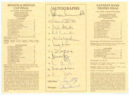 &lsquo;Lancashire&rsquo;s Unique Double in 1990&rsquo;. Limited edition folding card to commemorate the club winning both of the knockout Cups in 1990. The centre signed by the twelve players and the Manager. Signatures include Hughes, Fowler, Fairbrother, Akram, Atherton 