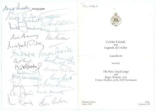 Australia. &lsquo;Cricket Friends and Legends of Cricket&rsquo; 1995 & 2003. Two official menus for dinners held at Parliament House, Sydney, one on 13th January 1995, the other 6th January 2003. The first signed to rear autograph page by twenty six attendees includi