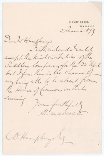 Richard Webster, 1st Viscount Alverstone. President of Surrey C.C.C. One page handwritten letter to &lsquo;Mr Humphreys&rsquo;, dated 25th March 1899. Alverstone is replying to an invitation from the Saddlers&rsquo; Company, which he has to decline due to his commitments a