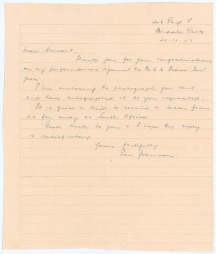 Ian William Geddes Johnson. Victoria & Australia 1935-1957. Single page handwritten letter in ink dated 22nd December 1947 from Johnson to a correspondent in South Africa who had congratulated Johnson on his &lsquo;performances against the M.C.C. team last year
