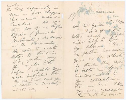 Richard Parr Daft (Nottinghamshire, 1 match 1886) to Alfred J. Gaston, cricket follower, writer and collector. Three page handwritten letter in ink, originally from Gaston&rsquo;s personal collection, written by Daft, son of Richard Daft (Nottinghamshire 1858-1