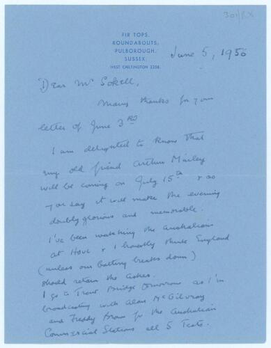 Pelham Francis Warner. Middlesex, Oxford University & England 1894-1920. Two page handwritten letter from Warner, dated 10th April 1907, regarding his ability to sing or recite. &lsquo;I have never sung a song in my life or recite, also I have five or six men s