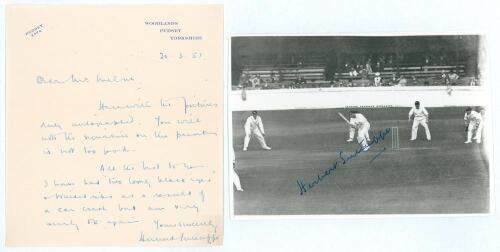 Herbert Sutcliffe. Yorkshire & England 1924-1945. Single page handwritten letter in ink from Sutcliffe replying to a request for an autograph, dated 20th March 1951. Sutcliffe reports he has two black eyes following a car accident. Also a mono press photo