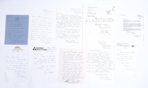 Cricketers signed letters 1959-1990s. Nine original letters signed by cricketers. Seven relate to requests for autographs, signed by A.E.R. Gilligan to &lsquo;Mr Davidson&rsquo; 1959, Leslie Townsend 1986, Eric Bedser and Alec Bedser, both to &lsquo;Mr Cane&rsquo; 1989, Brian Bo