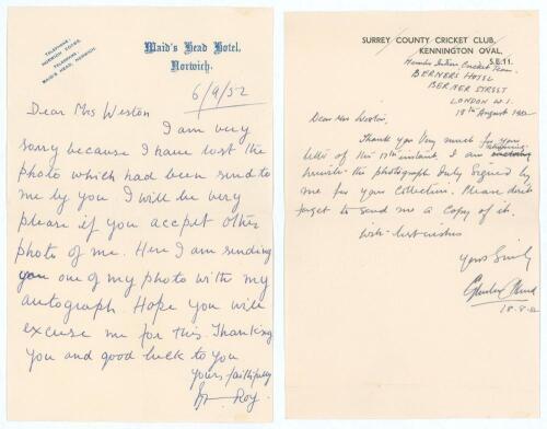 Indian Test cricketers. Two single page handwritten letters signed by Indian Test cricketers replying to requests for signed photographs. Signatures are Pankaj Roy (43 Tests 1951-1960), dated 6th September 1959, and Ghulam Ahmed (22 Tests 1949-1959), date