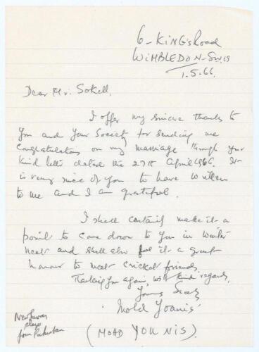 Younis Ahmed Mohammad, Surrey, Worcestershire & Pakistan, 1961-1987. Single page handwritten letter to Jack Sokell, replying to messages of congratulations on his recent marriage. Signed in a rare earlier name &lsquo;Mohd Younis&rsquo; and dated 1st May 1966. G/VG. U