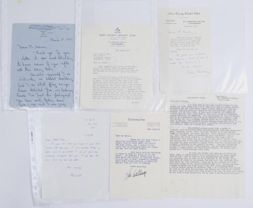 Kent C.C.C. A selection of five letters written to the collector, H.W. &lsquo;Plum&rsquo; Warner, each signed by the correspondent. Four relate to Kent cricket including a typed letter from Les Ames dated 1970 relating to the Club A.G.M. and the dismissal of the grou