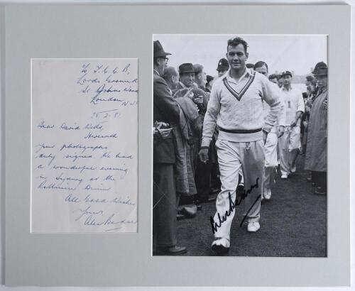 Alec Victor Bedser. Surrey & England 1939-1960. Single page handwritten letter in ink from Bedser to &lsquo;David Wells&rsquo;, dated 28th February 1981, replying to a request for signed photographs. Nicely signed &lsquo;Alec Bedser&rsquo;. The letter window mounted beside a mon