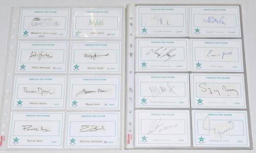 Pakistan Test cricketers 1960s-2000s. A good selection of over one hundred signatures of Pakistan Test players, mainly signed to printed &lsquo;Pakistan Test Player&rsquo; white cards. The majority of earlier signatures and others signed to piece laid down. Earlier s