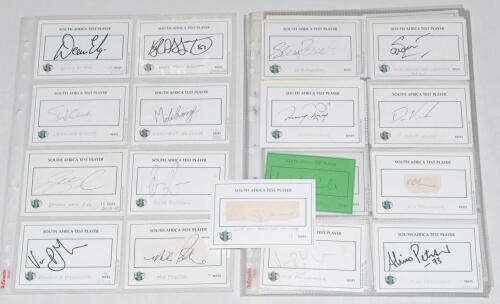 South African Test cricketers 1930s-2010s. A good selection of approx. one hundred signatures of South African Test players, mainly signed to printed &lsquo;South Africa Test Player&rsquo; white cards with the odd trade card. The majority of earlier signatures and ot