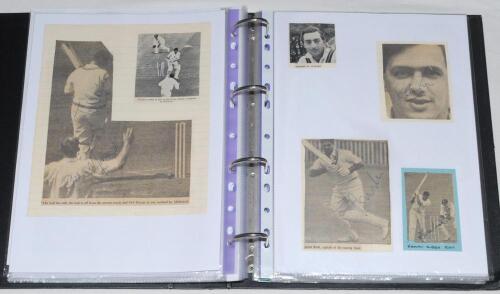 Cricket autographs 1950s onwards. Black binder comprising a selection of signed ephemera including signatures to prints, cuttings, cigarette card etc. of Fred Trueman, Ted Dexter, Raman Subba Row, Roy Tattersall, Colin Cowdrey, Trevor Bailey, Reg Simpson,
