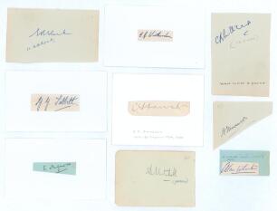 Test and county signatures 1900s-1960s. Nine signatures, the majority in ink, others in pencil, signed either to small pages or pieces laid down. Signatures are Bertie Clarke (Essex & West Indies), Ted Witherden (Kent), Alan Wharton (Lancashire, Leicester
