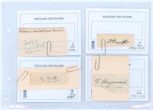 England Test cricketers&rsquo; signatures 1890s onwards. Black album comprising an extensive collection of over three hundred signatures, the majority in ink, on &lsquo;England Test Player&rsquo; cards. Each signed individually either to the card or on piece laid down or l