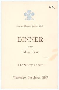 Surrey County Cricket Club. Dinner to the Indian Team 1967. Official menu for the Dinner held at The Surrey Tavern on the 1st June 1967. The menu with raised silver club emblem of the Prince of Wales feathers and titles to front cover, inside pages with T