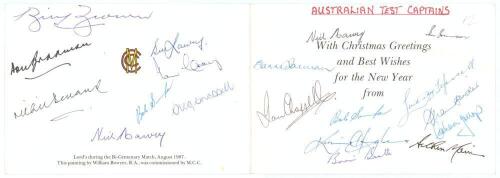 &lsquo;Australian Test Captains&rsquo;. Official M.C.C. Bi-Centenary Test 1987 Christmas card, signed in ink to the inside by seventeen Australian Test captains. Signatures are Brown, Bradman, Benaud, Lawry, Craig, Simpson (signed twice), G. Chappell, Harvey (twice),