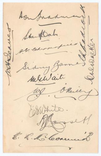 Australia tour to England 1938. Album page very nicely signed in black ink by twelve members of the 1938 Australian touring party. Signatures are Bradman (Captain), McCabe, Chipperfield, Barnes, Waite, O&rsquo;Reilly, White, Hassett, McCormick, Badcock, Walker 