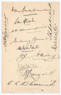Australia tour to England 1938. Album page very nicely signed in black ink by twelve members of the 1938 Australian touring party. Signatures are Bradman (Captain), McCabe, Chipperfield, Barnes, Waite, O&rsquo;Reilly, White, Hassett, McCormick, Badcock, Walker 