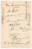 Australia tour to England 1938. Album page very nicely signed in black ink by twelve members of the 1938 Australian touring party. Signatures are Bradman (Captain), McCabe, Chipperfield, Barnes, Waite, O&rsquo;Reilly, White, Hassett, McCormick, Badcock, Walker 
