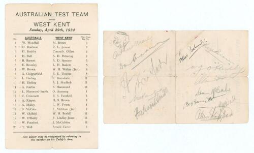&lsquo;Australian Test Team versus West Kent&rsquo; 1934. Official printed sheet for the &lsquo;order of play&rsquo; for the golf match played at West Kent Golf Club on the 29th April 1934. Printed title to top of sheet and players&rsquo; names below in &lsquo;order of play&rsquo; number. All twe