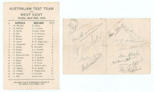 &lsquo;Australian Test Team versus West Kent&rsquo; 1934. Official printed sheet for the &lsquo;order of play&rsquo; for the golf match played at West Kent Golf Club on the 29th April 1934. Printed title to top of sheet and players&rsquo; names below in &lsquo;order of play&rsquo; number. All twe