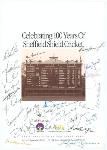 Australia. &lsquo;Celebrating 100 Years of Sheffield Shield Cricket&rsquo;. South Australian Cricket Association programme for the match against New South Wales at the Adelaide Oval, 18th- 21st December 1992. Signed to front cover by twenty five International Test pl
