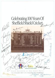 Australia. &lsquo;Celebrating 100 Years of Sheffield Shield Cricket&rsquo;. South Australian Cricket Association programme for the match against New South Wales at the Adelaide Oval, 18th- 21st December 1992. Signed to front cover by twenty five International Test pl