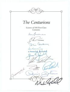 &lsquo;The Centurions- Scorers of 100 First-Class Centuries&rsquo;. Headed book insert by Boundary Books containing the ink signatures of twelve players who have achieved the feat. Signatures, nicely signed in ink, are Don Bradman, Glenn Turner, Colin Cowdrey, Tom Gr