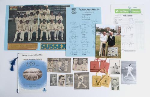 Sussex C.C.C. 1950s-2000s. Small box comprising a file of signed cuttings, photographs and scorecards, also menus, membership tickets, postcards, books, brochures etc. Relating to Sussex cricket and players. Signed items include cuttings signed by Oakman,