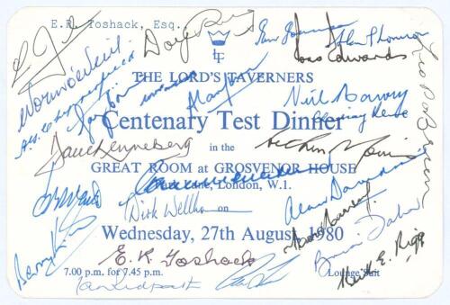 Centenary Test. England v Australia 1980. Official invitation to &lsquo;The Lord&rsquo;s Taverners Centenary Test Dinner&rsquo; held at the Great Room, Grosvenor House, Park Lane, London, 27th August 1980, the eve of the Lord&rsquo;s Centenary Test. This being E.R. Toshack&rsquo;s inv