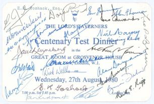 Centenary Test. England v Australia 1980. Official invitation to &lsquo;The Lord&rsquo;s Taverners Centenary Test Dinner&rsquo; held at the Great Room, Grosvenor House, Park Lane, London, 27th August 1980, the eve of the Lord&rsquo;s Centenary Test. This being E.R. Toshack&rsquo;s inv