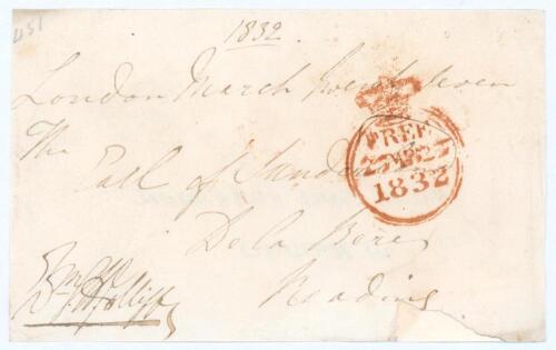 William George Hylton Jolliffe. Hampshire 1825. Signed free-front envelope to the Earl of Sunderland, dated and sent from &lsquo;London, March Twenty Seven 1832&rsquo;. Nicely signed by Jolliffe in black ink to lower left corner. Rare early signature of Jolliffe, who