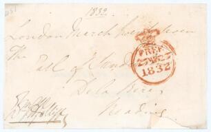 William George Hylton Jolliffe. Hampshire 1825. Signed free-front envelope to the Earl of Sunderland, dated and sent from &lsquo;London, March Twenty Seven 1832&rsquo;. Nicely signed by Jolliffe in black ink to lower left corner. Rare early signature of Jolliffe, who