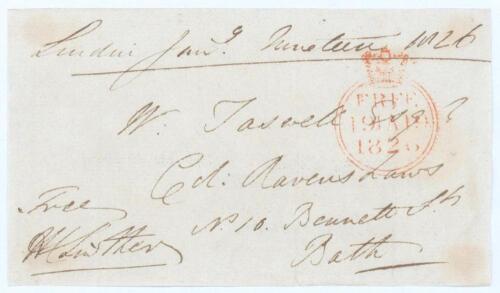 Henry Cecil Lowther. M.C.C., Surrey, Hampshire, M.C.C. & England 1819-1843. Original signed free-front envelope to a Mr Taswell of Bath, dated and sent from &lsquo;London January Nineteen 1826&rsquo;. Nicely signed by Lowther in black ink to lower left corner. A rare