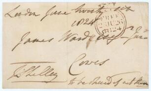 Sir John Shelley. M.C.C. 1792-1795. Original signed free-front envelope to James Ward in Cowes, dated and sent from &lsquo;London June twenty six 1824. Nicely signed &lsquo;J. Shelly&rsquo; in black ink to lower left corner. A rare early signature of Shelley, who was mainl