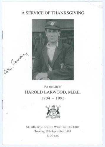 Harold Larwood 1904-1995. Order of Service for the Service of Thanksgiving held at St. Giles Church, West Bridgford on the 12th September 1995. Signed to the front cover in ink by Colin Cowdrey. Very good condition.