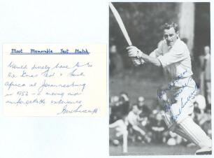 Bert Sutcliffe. Auckland, Otago, Northern Districts & New Zealand 1941-1966. Plain white card with handwritten title &lsquo;Most Memorable Test Match&rsquo; to which Sutcliffe has annotated below in ink &lsquo;Would surely have to be the Xmas Test v South Africa at Johanne