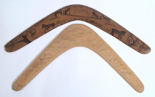 England tour to Australia and New Zealand 1982/83. Australian boomerang signed by twenty members of the England touring party including Willis, Taylor, Lamb, Fowler, Marks, Hemmings, Randall, Pringle, Cook, Gower, Gould, Tavare, Miller, Jackman, Jesty, Co