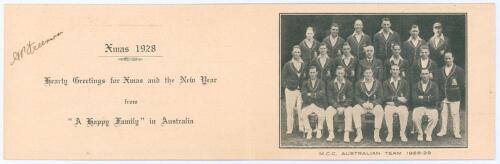 Alfred Percy &lsquo;Tich&rsquo; Freeman. Kent & England. 1914-1936. Official M.C.C. Christmas card from the M.C.C. tour of Australia 1928-29. Signed in ink by Freeman. Decorative covers in M.C.C. colours. Very good condition.