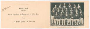 Alfred Percy &lsquo;Tich&rsquo; Freeman. Kent & England. 1914-1936. Official M.C.C. Christmas card from the M.C.C. tour of Australia 1928-29. Signed in ink by Freeman. Decorative covers in M.C.C. colours. Very good condition.