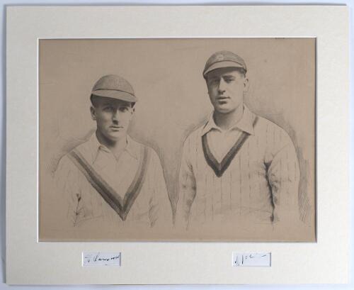 Harold Larwood and Bill Voce. Nottinghamshire & England. Two signatures in ink of Larwood and Voce, each signed individually to piece and window mounted below a contemporary photo realistic image on board in pencil and wash of the two depicted half length