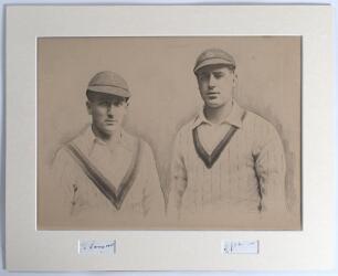 Harold Larwood and Bill Voce. Nottinghamshire & England. Two signatures in ink of Larwood and Voce, each signed individually to piece and window mounted below a contemporary photo realistic image on board in pencil and wash of the two depicted half length