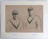 Harold Larwood and Bill Voce. Nottinghamshire & England. Two signatures in ink of Larwood and Voce, each signed individually to piece and window mounted below a contemporary photo realistic image on board in pencil and wash of the two depicted half length