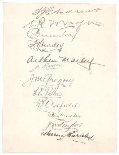 Australia tour to England 1921. Page very nicely signed in black ink by twelve members of the 1921 Australian touring party. Signatures are Andrews, Mayne, Macartney, Hendry, Mailey, Ryder, Gregory, Pellew, Oldfield, Carter, Taylor and Bardsley. Horizonta