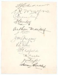 Australia tour to England 1921. Page very nicely signed in black ink by twelve members of the 1921 Australian touring party. Signatures are Andrews, Mayne, Macartney, Hendry, Mailey, Ryder, Gregory, Pellew, Oldfield, Carter, Taylor and Bardsley. Horizonta