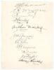 Australia tour to England 1921. Page very nicely signed in black ink by twelve members of the 1921 Australian touring party. Signatures are Andrews, Mayne, Macartney, Hendry, Mailey, Ryder, Gregory, Pellew, Oldfield, Carter, Taylor and Bardsley. Horizonta