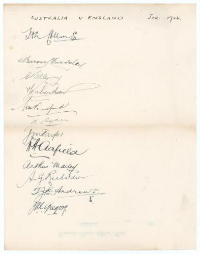 &lsquo;Australia v England Jan. 1925&rsquo;. Large page signed to verso of a &lsquo;Coward&rsquo;s Prince Alfred Hotel, Adelaide&rsquo; letterhead. Twelve nice signatures in black ink of the Australian team for the third (timeless) Test played at Adelaide, 16th- 23rd January 1925. Sig